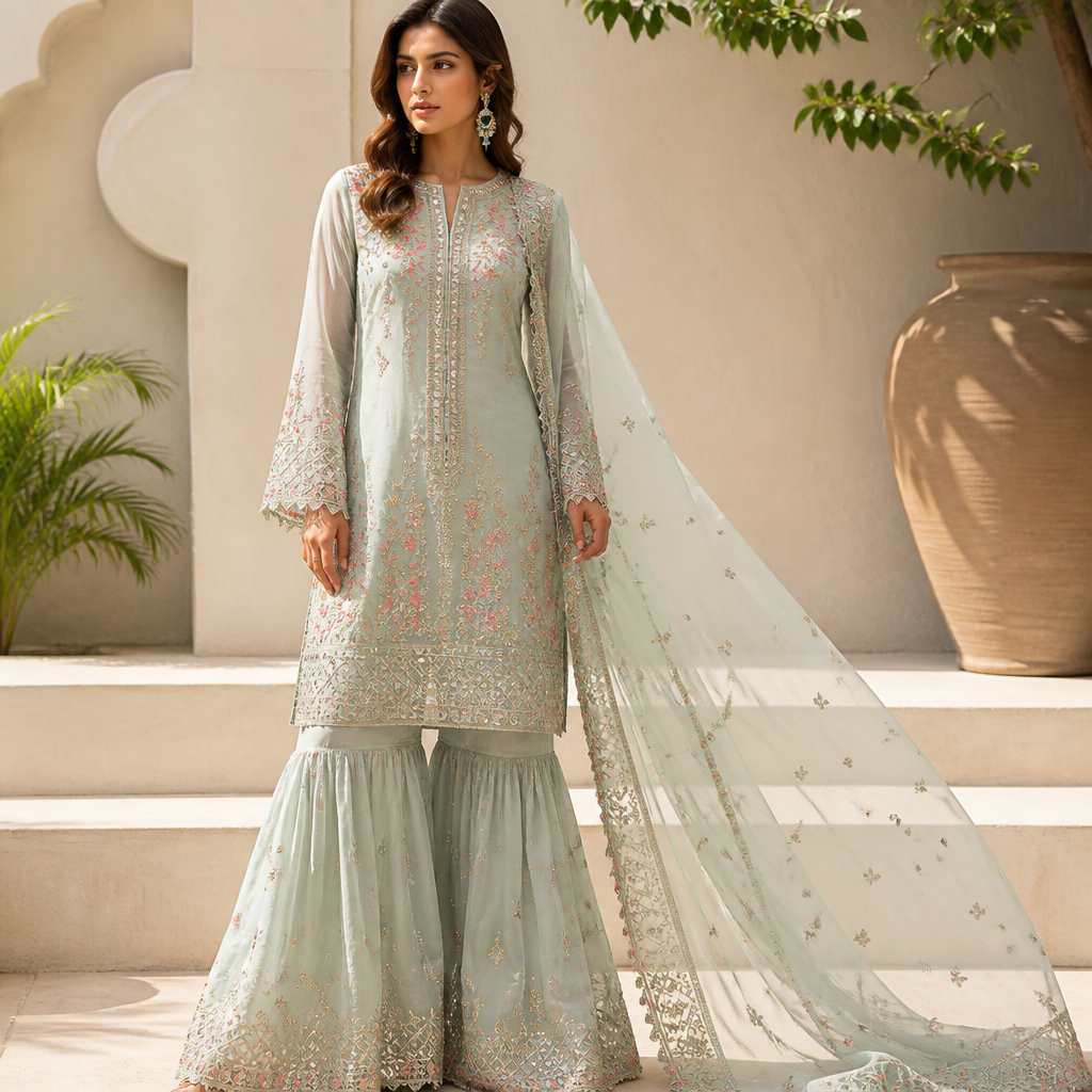 A Female Dress design, suitable for Summer. Consider Pakistani fashion — shalwar kameez, gharara, sharara; lawn fabrics, chiffon; intricate embroidery and mirror work. Current season is Summer in Pakistan.
photorealistic fashion design, A Female Dress design, suitable for Summer. Consider Pakistani fashion — shalwar kameez, gharara, sharara; lawn fabrics, chiffon; intricate embroidery and mirror work. Current season is Summer in Pakistan., just the design no text