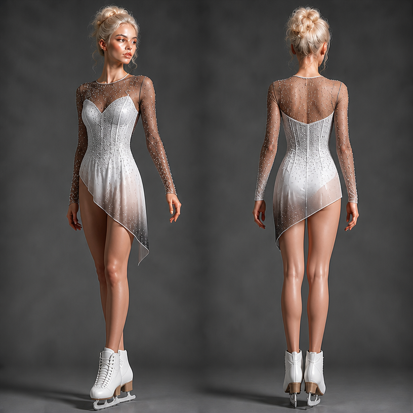 Убрать кожу, лямки и цепи, коньки белые, лиф поменять на корсет
edit the attached fashion design with these instructions: Убрать кожу, лямки и цепи, коньки белые, лиф поменять на корсет. keep it photorealistic, just the design no text