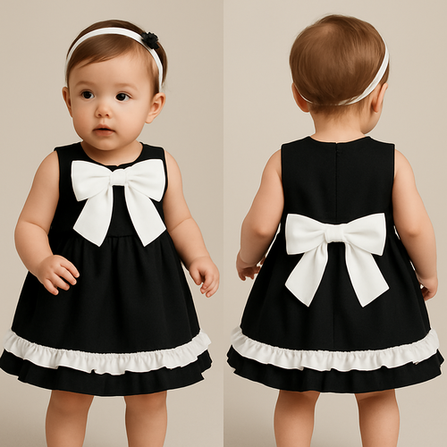 一歳の女の子着用画
ジャケット生地の黒のノンスリーブワンピース、丈は膝上
肩の部分、襟の部分が隠れるように白の大きなリボン
スカートの1番下の裾に、白色で、真ん中ギャザーのフリフリのフリルを一周巻く
その上に同じものをもう一周巻く

頭には白のカチューシャ
カチューシャにはちょっとした黒い装飾