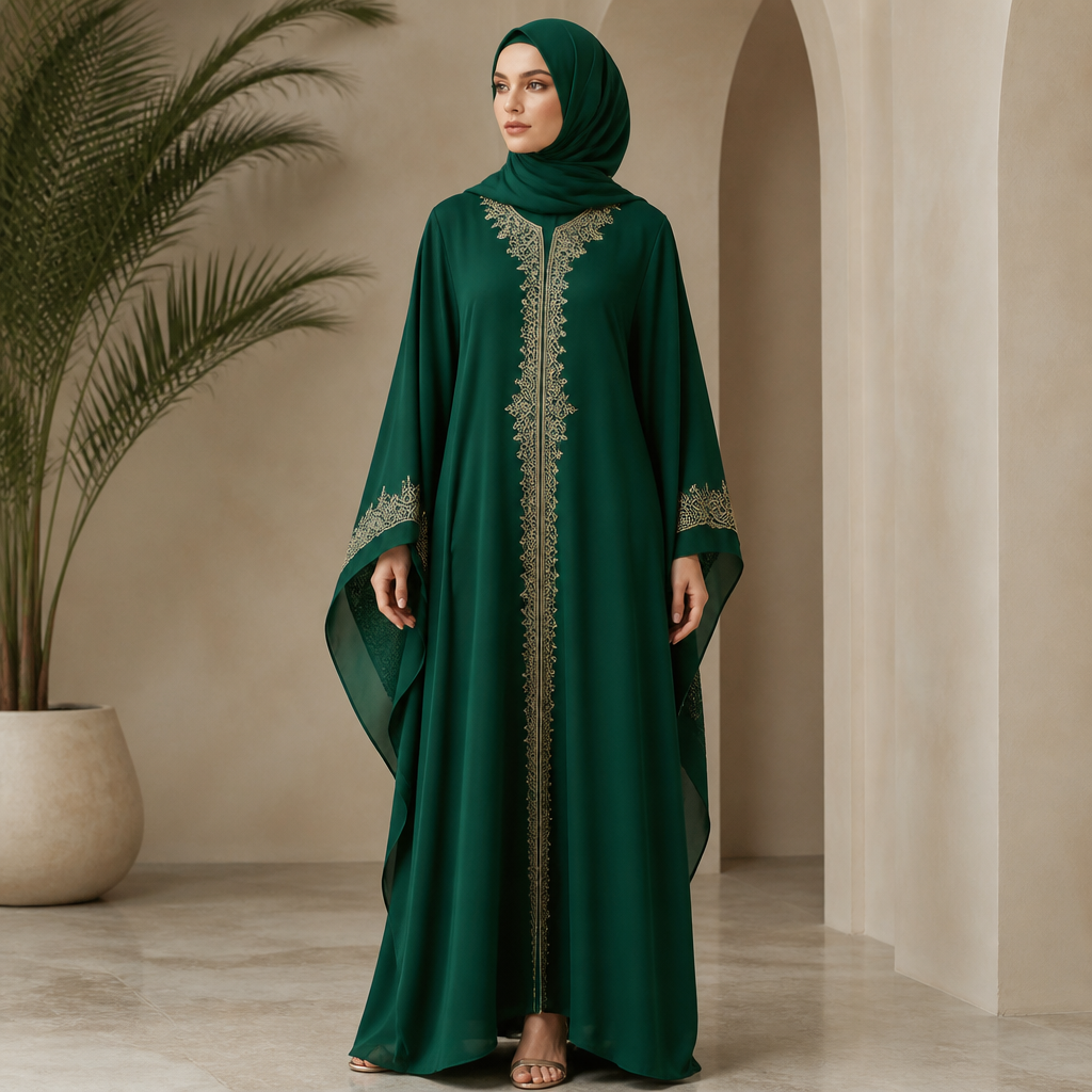 A Female Dress design, with modest, full coverage: longer hemlines, higher necklines and covered shoulders, suitable for Summer. تصميم حجاب عصري أنيق، يجمع بين القفطان الجزائري والقصة الأوروبية المعاصرة، بلون أخضر زمردي مع تطريز خفيف على الأطراف، بجودة عالية. Algeria fashion aesthetics. Present it as professional fashion catalogue photography: the garment is the subject, shown full-length with editorial styling, neutral posing and tasteful, non-suggestive framing.
photorealistic fashion design, A Female Dress design, with modest, full coverage: longer hemlines, higher necklines and covered shoulders, suitable for Summer. تصميم حجاب عصري أنيق، يجمع بين القفطان الجزائري والقصة الأوروبية المعاصرة، بلون أخضر زمردي مع تطريز خفيف على الأطراف، بجودة عالية. Algeria fashion aesthetics. Present it as professional fashion catalogue photography: the garment is the subject, shown full-length with editorial styling, neutral posing and tasteful, non-suggestive framing., just the design no text