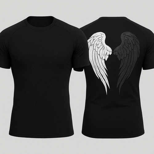 Black base short sleeve compression jujitsu rash guard shirt. 2 angle wings on the back, one white and the other dark gray. Make the wings kinda form a shape of a heart without making it too obnoxious so the wings look natural still 

Little less of a bear shape and make the wings come down almost to the bottom of the shit 

Can you make a design of what would look like shooting starts but a cross figure at the end of them. I want them embroidered all over other shirt and in a dark color that is a little lighter than the base black but I want it to be you can’t see it unless you look close 

Make the cross/starts a little bigger and make them go in multiple directions. Also make one wing white again 
