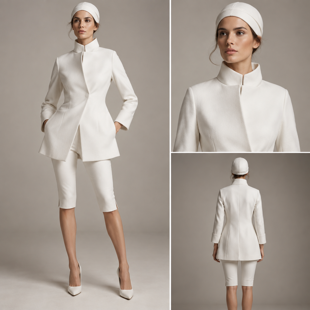 photorealistic fashion design, A Female Dress design, suitable for Fall. abito da sera,bianco,pantaloni aderenti bianchi,con camicetta bianca,una vestaglia bella lunga e larga bianca,con chiusura a quaderno,e cappellino bianco simile a un sombrero. bianco. Italy fashion aesthetics. Present it as professional fashion catalogue photography: the garment is the subject, shown full-length with editorial styling, neutral posing and tasteful, non-suggestive framing., just the design no text. Refinement: vorrei il cappello di cotone bianco aderente,e farei tutto più corto,pantaloni fino alle ginocchia,bianchi,e la giacca bianca chiusa a quaderno
photorealistic fashion design, photorealistic fashion design, A Female Dress design, suitable for Fall. abito da sera,bianco,pantaloni aderenti bianchi,con camicetta bianca,una vestaglia bella lunga e larga bianca,con chiusura a quaderno,e cappellino bianco simile a un sombrero. bianco. Italy fashion aesthetics. Present it as professional fashion catalogue photography: the garment is the subject, shown full-length with editorial styling, neutral posing and tasteful, non-suggestive framing., just the design no text. Refinement: vorrei il cappello di cotone bianco aderente,e farei tutto più corto,pantaloni fino alle ginocchia,bianchi,e la giacca bianca chiusa a quaderno
, just the design no text