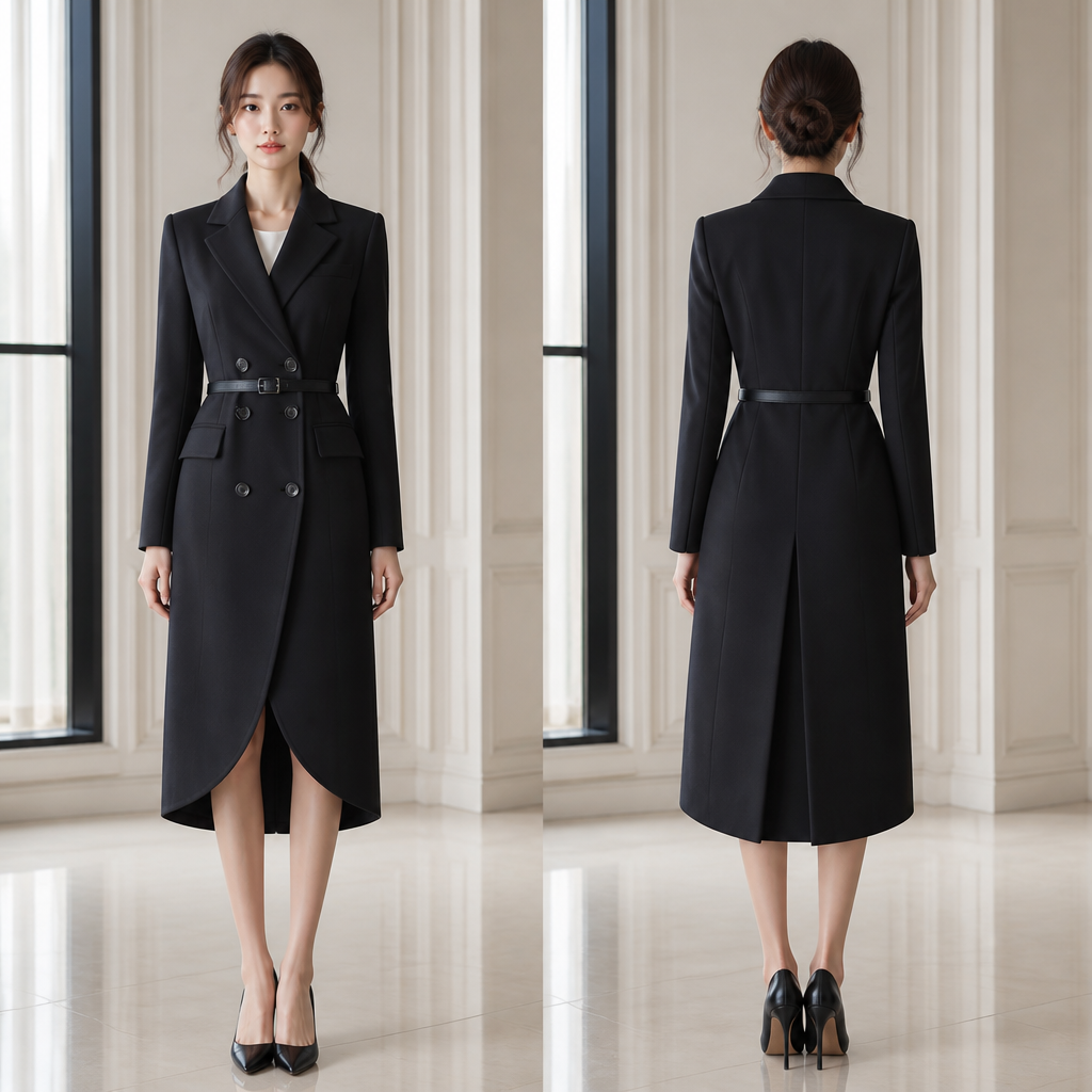 A Female Coat design, for Work, suitable for Summer, in Business + Dark Academia + Korean Fashion style. double breasted, black waist belt, princess seams, back double cut, front curved edges. Design with modest coverage.
photorealistic fashion design, A Female Coat design, for Work, suitable for Summer, in Business + Dark Academia + Korean Fashion style. double breasted, black waist belt, princess seams, back double cut, front curved edges. Design with modest coverage., business style, just the design no text, show front and back