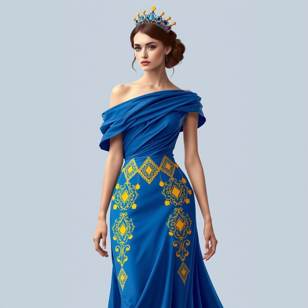 Blue over the shoulder dress with yellow and gold diamonds around waist and shoulders with blue and yellow tiara
Design a stunning evening gown featuring a flowing blue over-the-shoulder silhouette, adorned with intricate yellow and gold diamond patterns accentuating the waist and shoulders. Complement the look with a matching blue and yellow tiara, capturing a whimsical, royal vibe. Fabrics drape elegantly, evoking a sense of modern fairy-tale charm.