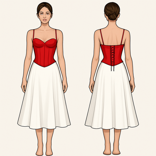 Red Fitted corset top , white midi flare skirt 
