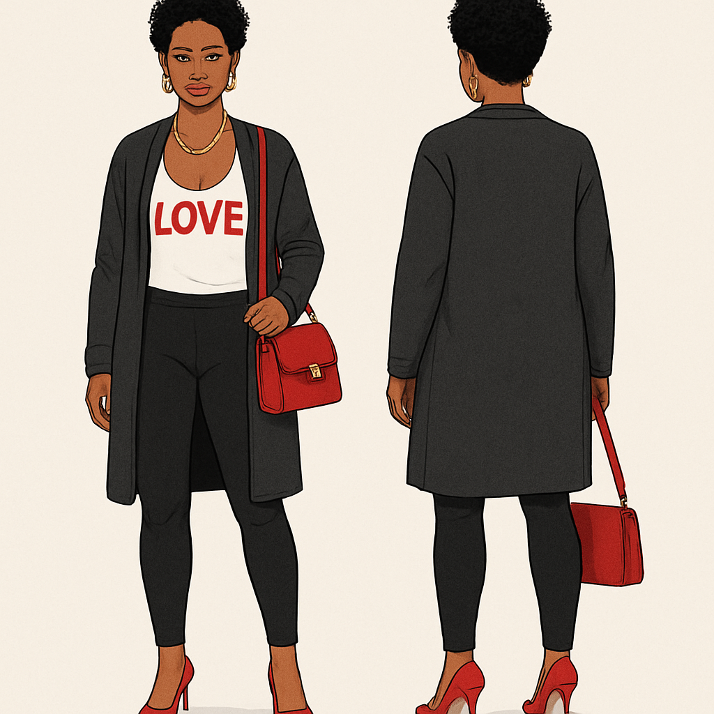 Black woman
Short curls
Gold jewelry
Wife beater with Love on it
Leggings
Long cardigan
Red heels red purse
Black woman
Short curls
Gold jewelry
Wife beater with Love on it
Leggings
Long cardigan
Red heels red purse
, streetwear style, show front and back