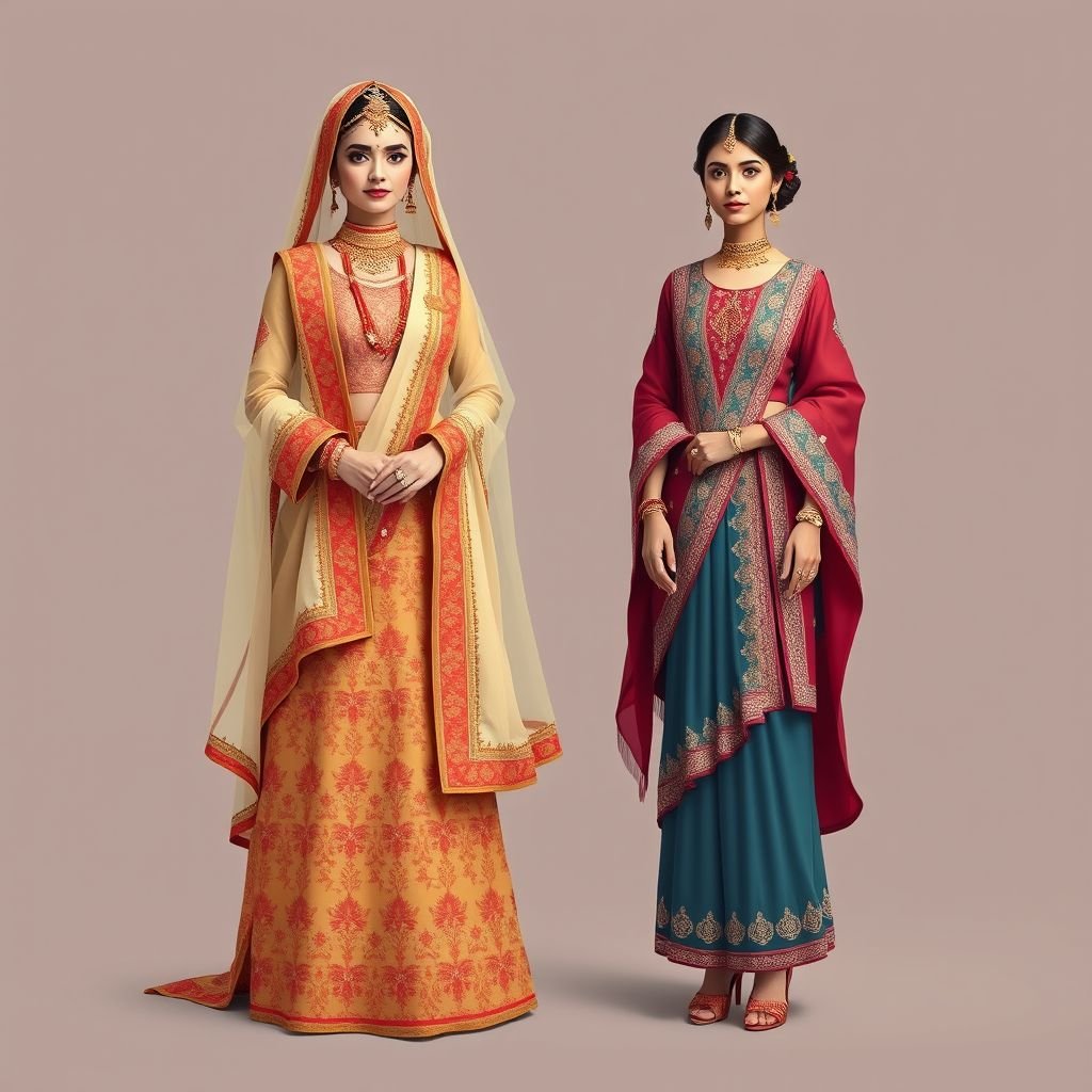 Bride and one of her friends
Design a captivating traditional wedding ensemble for a bride, featuring intricate hand-embroidered motifs and rich, vibrant fabrics. Her friend wears a complementary traditional dress with detailed craftsmanship, showcasing cultural heritage through bold colors and patterns. Envision ornate jewelry and traditional footwear, creating a harmonious celebration of love and tradition.