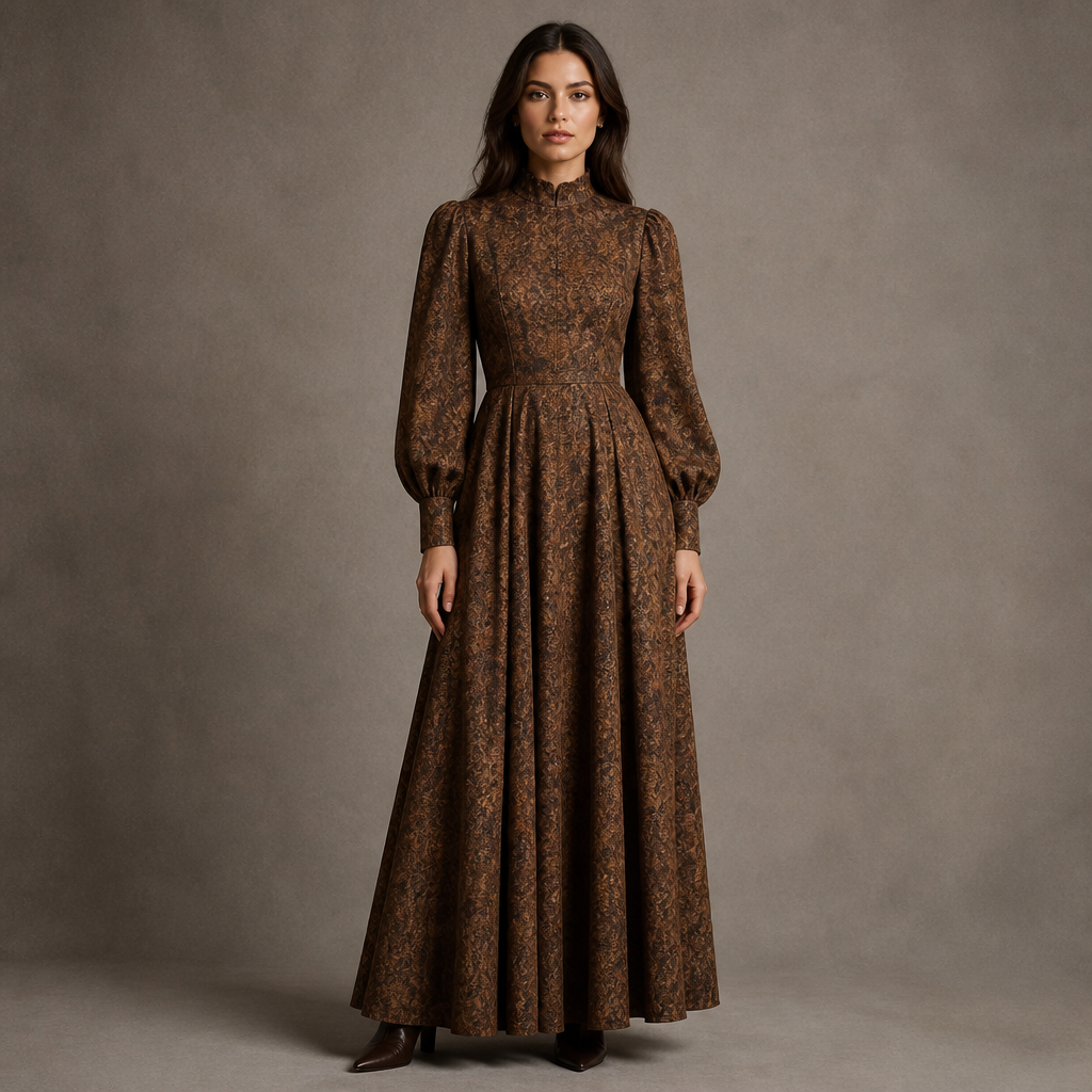 A Female Dress design, with modest, full coverage: longer hemlines, higher necklines and covered shoulders, suitable for Fall. turn the given image into realistic and do not do change the clothes just make it realistic Present it as professional fashion catalogue photography: the garment is the subject, shown full-length with editorial styling, neutral posing and tasteful, non-suggestive framing.
photorealistic fashion design, A Female Dress design, with modest, full coverage: longer hemlines, higher necklines and covered shoulders, suitable for Fall. turn the given image into realistic and do not do change the clothes just make it realistic Present it as professional fashion catalogue photography: the garment is the subject, shown full-length with editorial styling, neutral posing and tasteful, non-suggestive framing., just the design no text