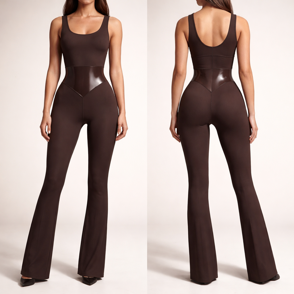 Ultra-realistic fashion design render of a women’s sculpting full-length slim bootcut flare jumpsuit in deep matte chocolate brown.
The main body fabric is a matte luxury performance knit composed of 75% nylon / 25% spandex, 250–300 GSM, 4-way stretch, squat-proof, soft-touch finish with high recovery. The primary fabric must have a smooth brushed matte surface — no coating, no laminate, no PU, no vinyl finish.
The garment features completely invisible built-in shapewear and hidden internal bra support. The exterior must appear smooth and seamless with no visible bra lines, no visible cups, and no indication of inner structure.
High-waisted silhouette with strong waist-snatching compression built into the inner layer. Internal power mesh shaping layer from under bust to upper hip only. Firm lower abdomen control. Seamless exterior finish.
Sharp sculpted V-contour seam construction at the waistline (front and back), designed to visually taper the midsection and enhance an hourglass silhouette. Side seams curve inward at the natural waist before flaring outward at the hips for maximum waist emphasis.
The entire corset-shaped waist area — including the center V-shaped waist panel and the side panels between the contour seams (from under bust down to upper hip) — should remain the same chocolate brown color but use a slightly higher-sheen nylon-spandex performance knit (75% nylon / 25% spandex) with a subtle satin finish.
The glossy fabric must be yarn-based sheen (not coated or laminated), no latex look, no vinyl or faux leather finish, soft and flexible, fully stretchable, durable and non-peeling.
The contrast between the matte outer body and the satin-sheen corset zone should create a refined sculpted illusion under professional studio lighting. The gloss level should be elegant and dimensional — not wet-look, not shiny like leather.
Deep V-shaped contour waistband in the back, subtle tonal glute contour seam, and hidden under-glute compression lift band for natural lifting effect (no scrunch).
Slight bootcut flare from knee down. Wide supportive straps (3–4 cm), clean modern neckline (scoop or square).
High-end minimal athleisure aesthetic. Quiet luxury finish. Tone-on-tone stitching. Professional studio lighting. Front and back view. Neutral background.
Ultra-realistic fashion design render of a women’s sculpting full-length slim bootcut flare jumpsuit in deep matte chocolate brown.
The main body fabric is a matte luxury performance knit composed of 75% nylon / 25% spandex, 250–300 GSM, 4-way stretch, squat-proof, soft-touch finish with high recovery. The primary fabric must have a smooth brushed matte surface — no coating, no laminate, no PU, no vinyl finish.
The garment features completely invisible built-in shapewear and hidden internal bra support. The exterior must appear smooth and seamless with no visible bra lines, no visible cups, and no indication of inner structure.
High-waisted silhouette with strong waist-snatching compression built into the inner layer. Internal power mesh shaping layer from under bust to upper hip only. Firm lower abdomen control. Seamless exterior finish.
Sharp sculpted V-contour seam construction at the waistline (front and back), designed to visually taper the midsection and enhance an hourglass silhouette. Side seams curve inward at the natural waist before flaring outward at the hips for maximum waist emphasis.
The entire corset-shaped waist area — including the center V-shaped waist panel and the side panels between the contour seams (from under bust down to upper hip) — should remain the same chocolate brown color but use a slightly higher-sheen nylon-spandex performance knit (75% nylon / 25% spandex) with a subtle satin finish.
The glossy fabric must be yarn-based sheen (not coated or laminated), no latex look, no vinyl or faux leather finish, soft and flexible, fully stretchable, durable and non-peeling.
The contrast between the matte outer body and the satin-sheen corset zone should create a refined sculpted illusion under professional studio lighting. The gloss level should be elegant and dimensional — not wet-look, not shiny like leather.
Deep V-shaped contour waistband in the back, subtle tonal glute contour seam, and hidden under-glute compression lift band for natural lifting effect (no scrunch).
Slight bootcut flare from knee down. Wide supportive straps (3–4 cm), clean modern neckline (scoop or square).
High-end minimal athleisure aesthetic. Quiet luxury finish. Tone-on-tone stitching. Professional studio lighting. Front and back view. Neutral background.
, show front and back