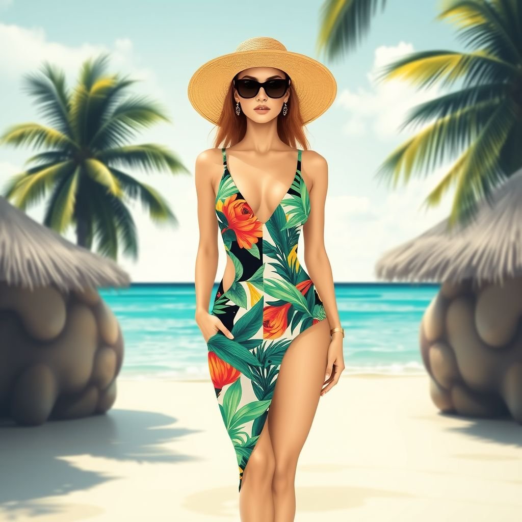 swimwear style Zimmerman no ruffles
Design a luxurious swimwear ensemble inspired by Zimmerman’s fashion aesthetics, perfect for an exotic vacation. Imagine a sleek, minimalist silhouette featuring bold tropical prints and vibrant colors. Incorporate high-cut legs and an open-back design for a chic look, complemented with stylish oversized sunglasses and a wide-brimmed straw hat for sun-soaked sophistication.