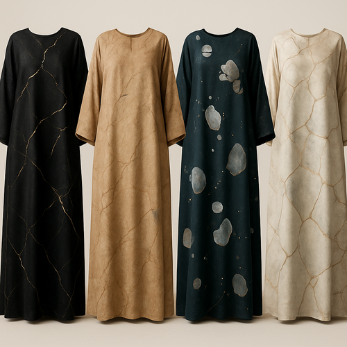 Create a modest boubou, the first of its kind, featuring a unique stone design that exudes a classy and sophisticated vibe. I'd like four designs, each showcasing different styles and fabrics. Incorporate high-end, unique chic stone designs to make them truly special. Add little sophisticated stone designs.