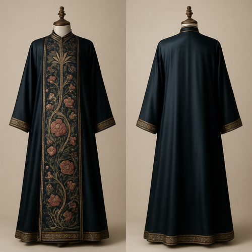 ‏Regal Double‑Panel Kaftan
‏"Full‑length luxury abaya kaftan, double‑panel front, small stand collar, fluid silk‑satin base with jacquard central panel, intricate hand embroidery running from neck to ankle: a stylized Saudi palm tree motif intertwined with Pakistani roses and Kashmiri paisley, gold zari outlines, silk thread in Taif‑rose pinks and deep greens, scattered pearl and tiny glass bead stars, northern geometric border in metallic gold, embroidery readable at distance, visible down to the ankle, displayed on an ornate carved luxurious wooden mannequin, photorealistic, hyper‑detailed fabric texture, soft studio lighting, neutral backdrop, full‑body shot, high resolution."
