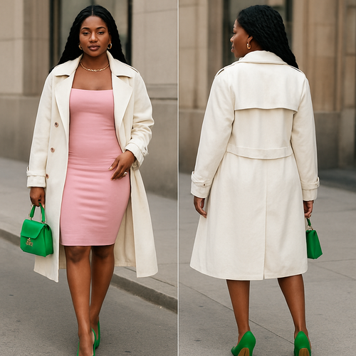 Black woman 
Pink body con dress 
White trench coat 
Green heels 
Green purse 
Gold jewelry 


