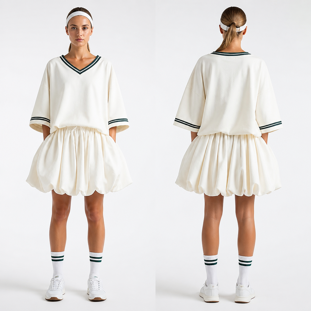 Une joueuse de tennis avec une jupe oversize et un top overzise.
photorealistic fashion design, Une joueuse de tennis avec une jupe oversize et un top overzise. , tenniscore style, just the design no text, show front and back