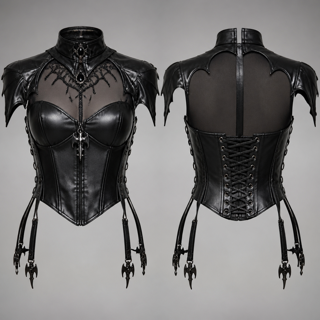 A Female Top design, made of Leather, for Streetwear, in Gothic + Y2K + Glamorous style. mach mir ein cooles Emo Vampirtisches Outfit. Design with modest coverage.
photorealistic fashion design, A Female Top design, made of Leather, for Streetwear, in Gothic + Y2K + Glamorous style. mach mir ein cooles Emo Vampirtisches Outfit. Design with modest coverage., gothic style, just the design no text, show front and back
