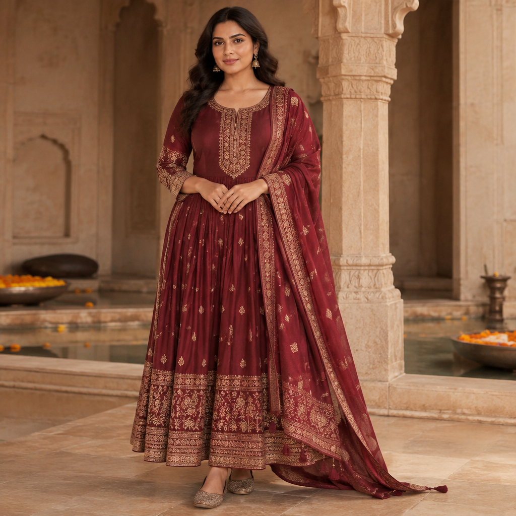 A Female fashion design, shown on a model with a curvy figure. Consider Indian fashion aesthetics — consider saree, lehenga, salwar kameez, kurti, anarkali; local fabrics like chanderi, banarasi, chikankari, block prints; vibrant colors and rich embroidery. Current season is Autumn in India. Present it as professional fashion catalogue photography: the garment is the subject, shown full-length with editorial styling, neutral posing and tasteful, non-suggestive framing.
photorealistic fashion design, A Female fashion design, shown on a model with a curvy figure. Consider Indian fashion aesthetics — consider saree, lehenga, salwar kameez, kurti, anarkali; local fabrics like chanderi, banarasi, chikankari, block prints; vibrant colors and rich embroidery. Current season is Autumn in India. Present it as professional fashion catalogue photography: the garment is the subject, shown full-length with editorial styling, neutral posing and tasteful, non-suggestive framing., just the design no text