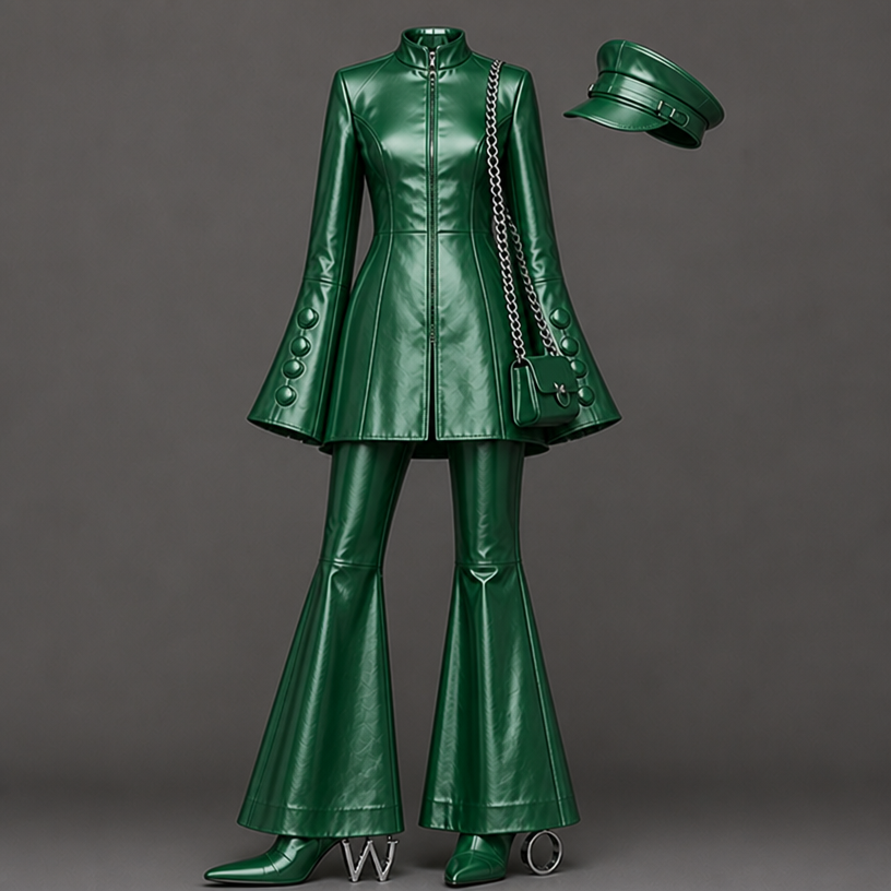 Make this exact outfit in Xmas green
edit the attached fashion design with these instructions: Make this exact outfit in Xmas green. keep it photorealistic, just the design no text