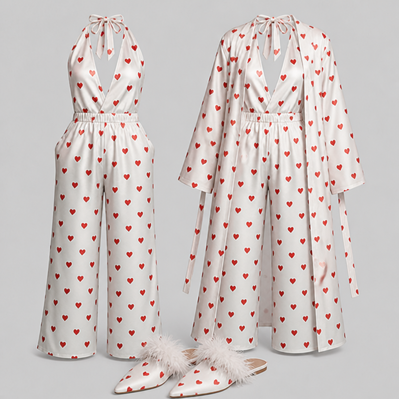Make this white with red hearts and a jacket with no collar no buttons leave it open white and red hearts and slippers slide in pointy toe with some ostrich feathers around the satin slippers
edit the attached fashion design with these instructions: Make this white with red hearts and a jacket with no collar no buttons leave it open white and red hearts and slippers slide in pointy toe with some ostrich feathers around the satin slippers. keep it photorealistic, just the design no text