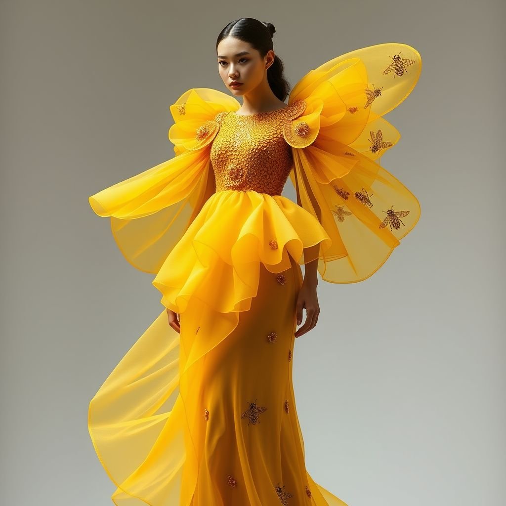 A honey bee & honey comb themed spring day dress.
Design an avant-garde spring day dress inspired by honey bees and honeycombs, featuring sculptural layers mimicking hexagonal patterns. Utilize vibrant yellow and rich amber fabrics, adorned with intricate beaded embroidery resembling pollen. Incorporate unexpected elements like oversized, asymmetrical sleeves and a flowing, translucent overlay that captures the essence of nature's swarm.