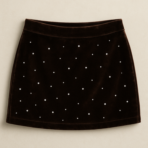 Velvet low waist mini skirt in chocolate brown with sporadic rhinestones