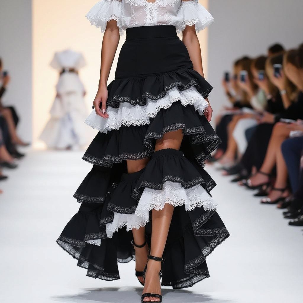 A short ruffled layered skirt with long spiral ruffle fringes on the side going down to her leg
A short cotton lace ruffled tiered skirt with long spiral ruffle fringes on the sides, extending to the ankle.