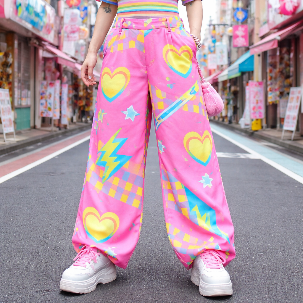 neon candy land board game themed pants
Japanese Street fashion design: **Japanese Street Style: Neon Candyland Pants**
Wide-leg cotton pants, bright pink with yellow and blue geometric patterns. High waist, loose fit, creating a playful and bold silhouette.