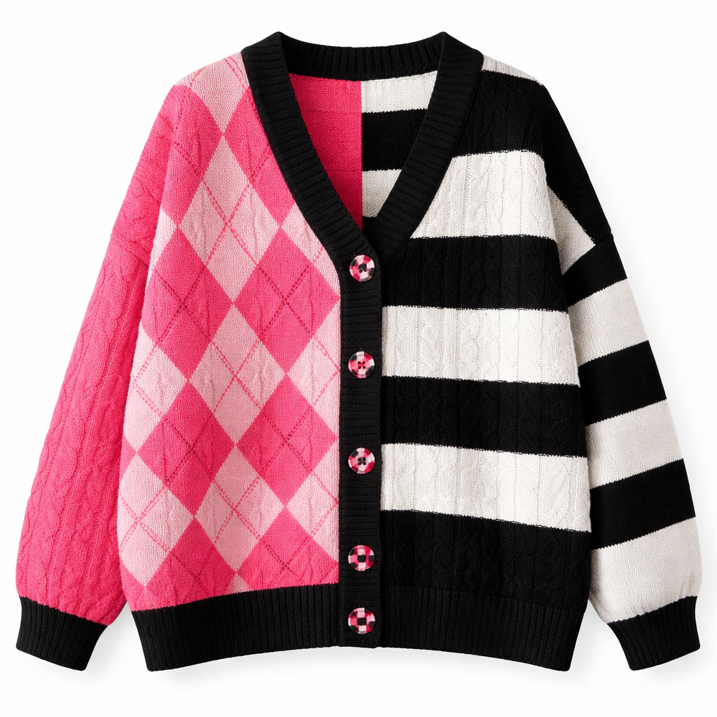 a cable knit cardigan with one side hot and light pink argyle and the other side broad black and white stripes. make the cardigan have black and hot pink checkered buttons. just the cardigan - no person wearing it
Streetwear fashion design: Cable knit cardigan, relaxed fit. One side: hot pink and light pink argyle. Other side: broad black and white stripes. Black and hot pink checkered buttons. Cotton.