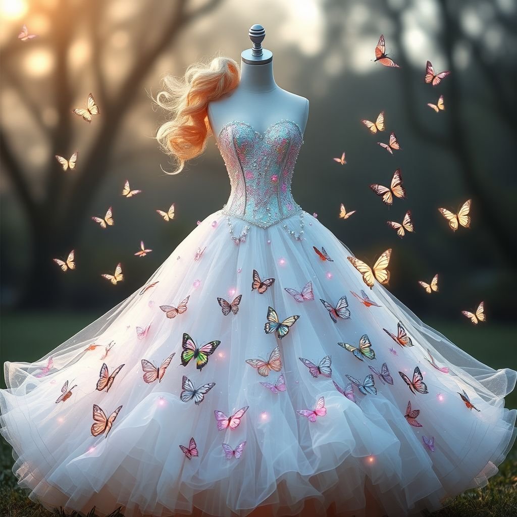 Make me a fairy tale princess dressed in glittery corset with lots of little butterflies surrounding her dress with beautiful costume
Envision a whimsical fairy tale princess adorned in a shimmering, iridescent corset that sparkles under moonlight. Her flowing skirt, layered with delicate tulle, blooms with enchanting butterflies of varying sizes, fluttering elegantly around her. The gown is accented with soft pastels and luminous beads, exuding ethereal charm and playful grace.