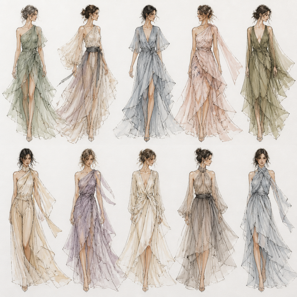 “Create an image
Collection title: “Plasticity of the Wind” 🌬️
Create a collection of 10 women’s designer fashion sketches titled “Plasticity of the Wind.”
The collection style is modern high fashion with elements of romantic minimalism, artistic asymmetry, and airy fabric movement.
The main concept of the collection is to express wind through clothing: flowing fabrics, fluid lines, light silhouettes, and a sense of freedom. Every look should appear as if the fabric is constantly moving and interacting with the air.
The collection should feel highly aesthetic, refined, luxurious, and artistic — like a conceptual couture runway collection.
Main characteristics of the collection:
flowing silhouettes
asymmetrical cuts
soft draping
layering
fluid lines
flowing fabrics
air movement effect
long fluttering elements
uneven hems
sculptural yet soft forms
airy volume
a sense of fluidity and freedom
The clothing must not look heavy, strict, or rigid.
Avoid harsh geometry, bulky structured forms, and office-style fashion.
Fabrics: Use light and fluid materials such as:
chiffon
organza
silk
lightweight satin
tulle
crepe
semi-transparent fabrics
soft draped knitwear
The fabrics should appear airy, semi-transparent, and dynamic.
Color palette: Soft natural and airy shades:
milky white
pearl white
smoky gray
light beige
ash blue
silver
lavender
sand
sky blue
fog and sky tones
Soft gradients, transparency, and smooth color transitions are welcome.
Collection mood:
freedom
air
fluidity
femininity
poetic atmosphere
lightness
movement
wind aesthetics
softness
emotional elegance
The collection should evoke the feeling of wind, dancing fabric, and gentle movement.
Image and presentation style: The images must NOT be photorealistic.
The collection should look like hand-drawn designer fashion sketches created by a real person.
The art style should resemble sketches made in ibisPaint, Procreate, Clip Studio Paint, or other digital fashion illustration apps.
Required style:
hand-drawn rendering
slightly imperfect lines
expressive sketch strokes
sketch aesthetic
elongated fashion model proportions
minimally detailed faces
watercolor or marker-like textures
soft artistic presentation
authentic designer sketchbook feeling
professional fashion illustration style
The main focus must be on the clothing, fabric, silhouettes, and movement.
Avoid:
photorealism
realistic skin
hyperrealism
AI photo style
3D render
cinematic realism
detailed realistic skin
realistic faces
heavy body proportions
stiff silhouettes”
“Make sure all the designs are clearly different from one another and not repetitive.
Each of the 10 looks should have its own unique silhouette, construction, layering, draping, and interpretation of the wind-inspired concept while still feeling cohesive as one couture collection.
Place all 10 fashion sketches together in a single image composition in a 16:9 format.
The presentation should resemble a professional high-fashion designer collection board or runway concept sheet, with balanced composition, elegant spacing, and a visually cohesive artistic layout.
The sketches should vary in:
silhouette
garment structure
draping style
layering
sleeve design
hem shapes
movement direction
fabric flow
proportions
styling details
Avoid duplicated poses, repeated outfit structures, or designs that look too similar to each other.”
Create 10 distinct, hand-drawn fashion sketches of women's clothing, like a designer collection board. Each sketch should feature flowing silhouettes, asymmetrical cuts, soft draping, and artfully layered **chiffon, organza, silk, lightweight satin, tulle, crepe, or soft draped knitwear**. Focus on fluid lines, airy volume, and long, fluttering elements in misty, semi-transparent colors. Emphasize movement and lightness, with varied designs in soft natural tones.