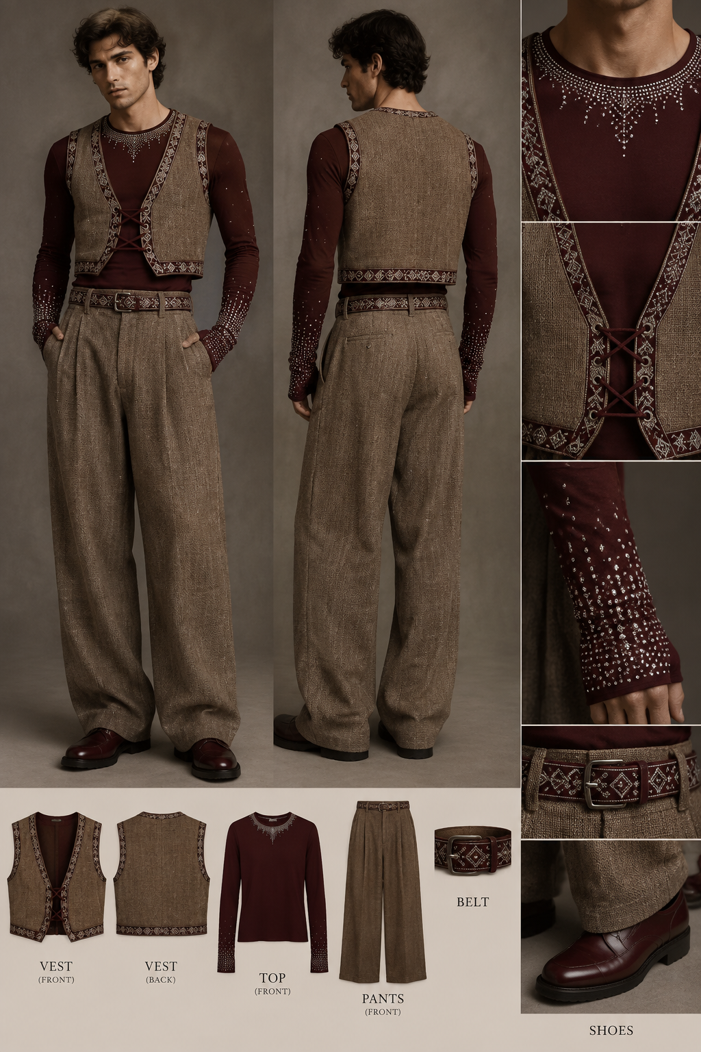 A men's outfit made from brown burlap/jute-like fabric (I'm not sure if it's hemp or something similar), which I want to use to design a look.
Vest: A short vest (not a full waistcoat) — I mean short, ending above the belt line — with a slanted front that angles inward, so that if the two sides meet, they form a triangular shape. The bottom hem of the vest and the armhole edges should be trimmed with a burgundy band featuring silver embroidery and geometric patterns. On the inner front edge of the vest, where the buttons are, there should be burgundy lacing in a criss-cross pattern, forming two stacked X shapes. The vest should have a lining in the same color as the fabric.
Under the vest: A garment made from a stretch/draped fabric (the kind used for ruching), with fingertip-length sleeves at the bottom. The color is burgundy, decorated with small silver rhinestones — denser toward the bottom of the sleeves, tapering upward into a pointed shape with sparser, individually spaced rhinestones toward the top. The collar area should also have denser rhinestone work, forming a sharp design like several triangles with curved edges made of rhinestones, which together also form a triangular shape, with the center point lower than the sides. The rest of the garment should have scattered, sparse rhinestones. The neckline is a simple round/crew neck.
Pants: Made from the same burlap/jute material as the vest, with a baggy fit that drapes over the shoes, slightly long.
Belt: A fabric belt with embroidery, matching the design of the vest's trim band, in burgundy.
Shoes: College-style shoes (oxfords/loafers), in burgundy.
A men's outfit made from brown burlap/jute-like fabric (I'm not sure if it's hemp or something similar), which I want to use to design a look.
Vest: A short vest (not a full waistcoat) — I mean short, ending above the belt line — with a slanted front that angles inward, so that if the two sides meet, they form a triangular shape. The bottom hem of the vest and the armhole edges should be trimmed with a burgundy band featuring silver embroidery and geometric patterns. On the inner front edge of the vest, where the buttons are, there should be burgundy lacing in a criss-cross pattern, forming two stacked X shapes. The vest should have a lining in the same color as the fabric.
Under the vest: A garment made from a stretch/draped fabric (the kind used for ruching), with fingertip-length sleeves at the bottom. The color is burgundy, decorated with small silver rhinestones — denser toward the bottom of the sleeves, tapering upward into a pointed shape with sparser, individually spaced rhinestones toward the top. The collar area should also have denser rhinestone work, forming a sharp design like several triangles with curved edges made of rhinestones, which together also form a triangular shape, with the center point lower than the sides. The rest of the garment should have scattered, sparse rhinestones. The neckline is a simple round/crew neck.
Pants: Made from the same burlap/jute material as the vest, with a baggy fit that drapes over the shoes, slightly long.
Belt: A fabric belt with embroidery, matching the design of the vest's trim band, in burgundy.
Shoes: College-style shoes (oxfords/loafers), in burgundy.