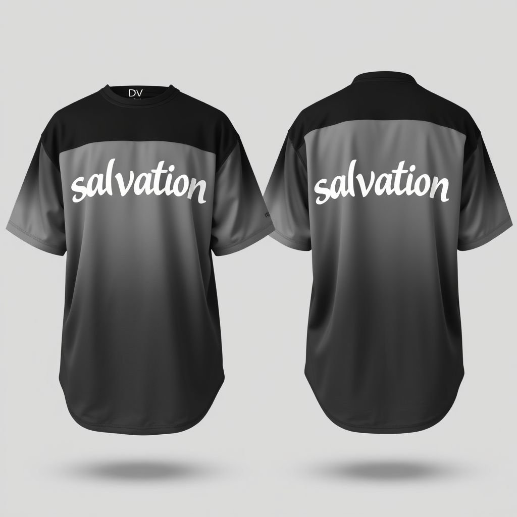 Men’s Shirt. Short sleeve with long sleeve under. With “salvation” across shoulders on back of shirt. Grey on grey, dark grey/light grey. Oversized streetwear shirt, with light graffiti on it. With “DV” on front in top left. Show both front and back.
Design a bold oversized streetwear shirt for men, featuring short sleeves layered over long sleeves. The back showcases "salvation" in an eye-catching font across the shoulders. Utilize a gradient of dark and light grey hues. Add subtle graffiti accents for urban flair, and position “DV” on the upper left front. Display both front and back views.