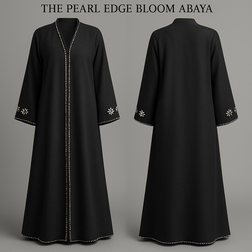 The Pearl Edge Bloom Abaya
Tone: Charcoal or Onyx Black Design: Pearl-lined edges with tiny floral clusters at the shoulder and cuffs. Why it will sell: Pearls = timeless and premium. This is a guaranteed best-seller.