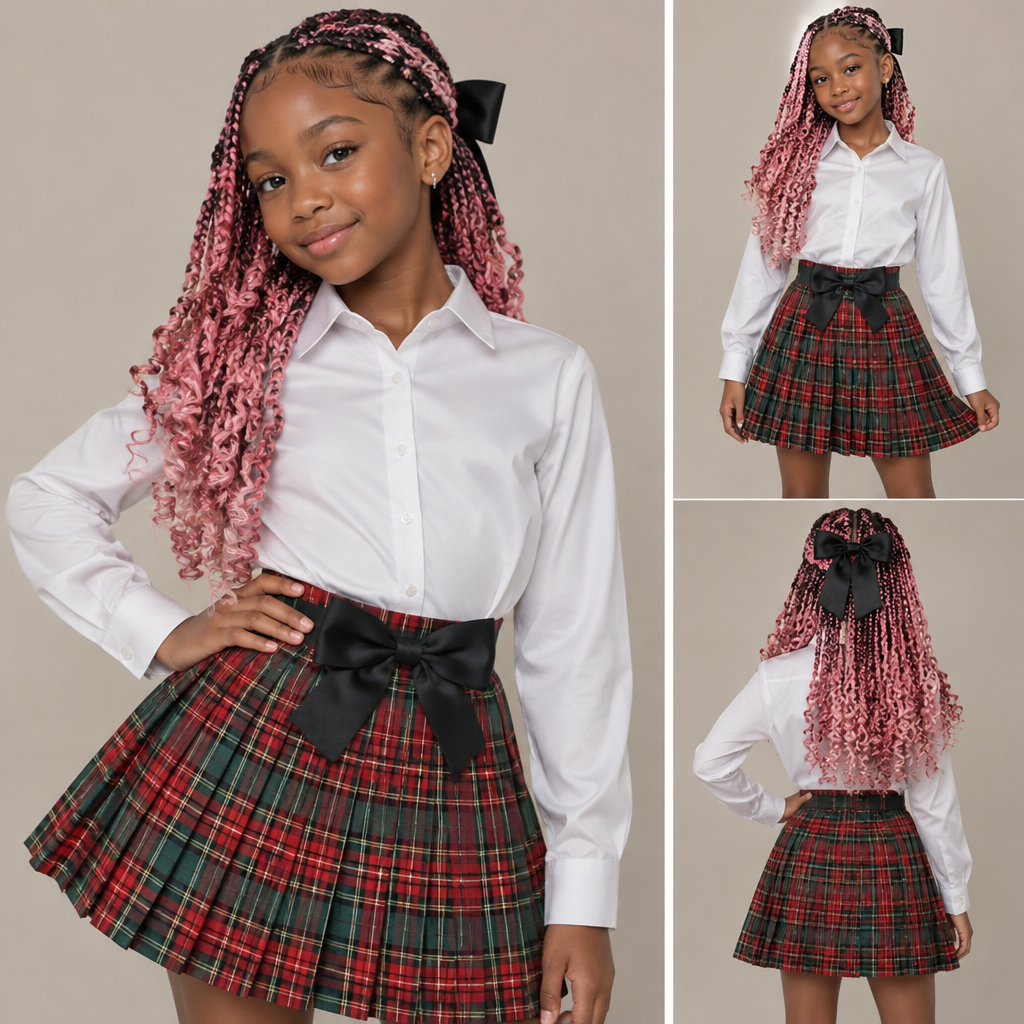 A black girl with pink curly braided hair a plan white shirt and a red and green plaid skirt with a black bow 11
photorealistic fashion design, A black girl with pink curly braided hair a plan white shirt and a red and green plaid skirt with a black bow 11 , just the design no text