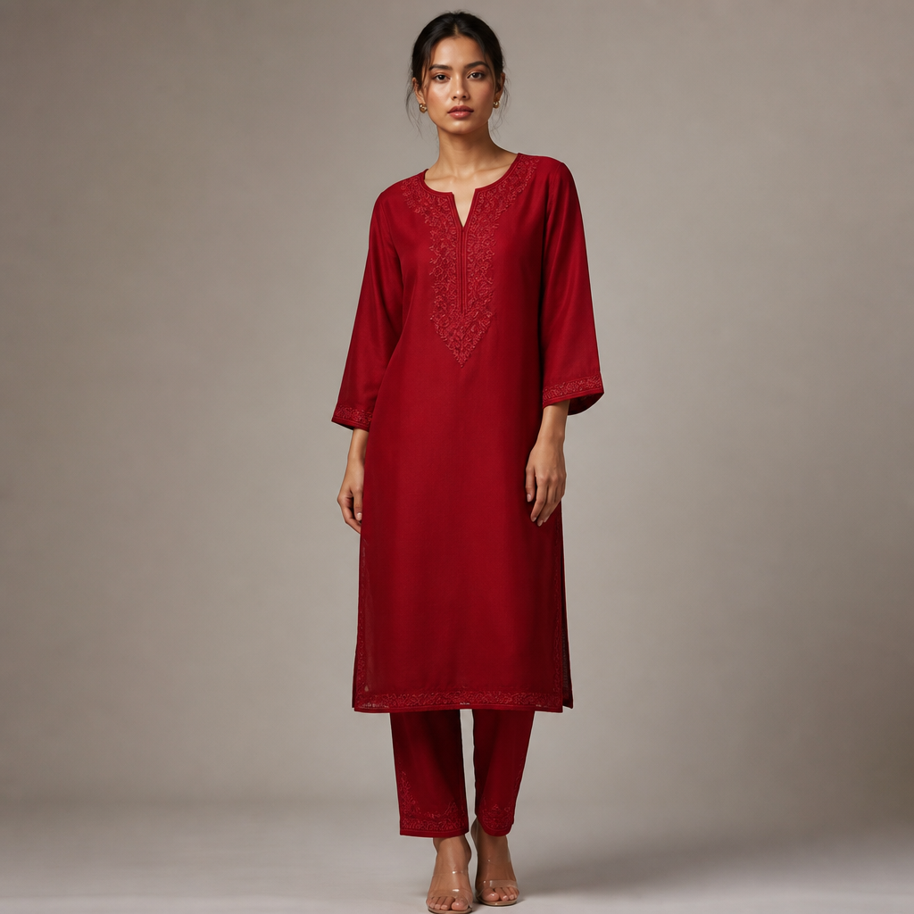 A Female Dress design, suitable for Summer. Create Image in 1080 x 1350 pixels create picture of suit and same matching bottom no dupatta in nepali model and in studio background create as it is design in blood red matching. India fashion aesthetics.
photorealistic fashion design, A Female Dress design, suitable for Summer. Create Image in 1080 x 1350 pixels create picture of suit and same matching bottom no dupatta in nepali model and in studio background create as it is design in blood red matching. India fashion aesthetics., just the design no text