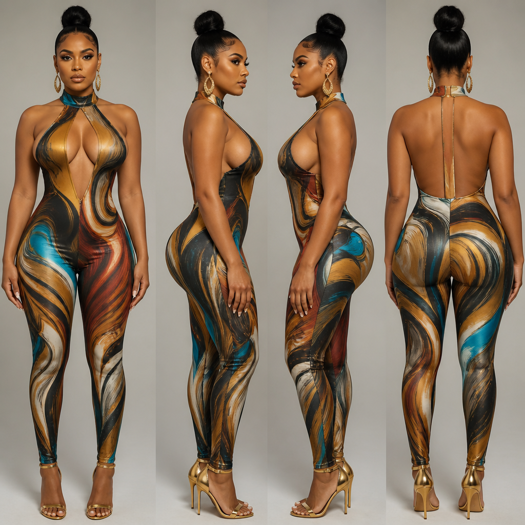 create sexy creative party night clubwear design bodycon
for Jumpsuit
Abstract Paint Swirl
front, two sides , back
african curvy girl model. Egypt fashion aesthetics.
photorealistic fashion design, create sexy creative party night clubwear design bodycon
for Jumpsuit
Abstract Paint Swirl
front, two sides , back
african curvy girl model. Egypt fashion aesthetics., just the design no text