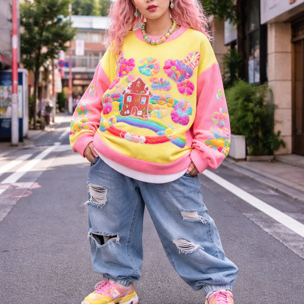 cute chunky neon cartoon candy land board game sweater
Japanese Street fashion design: **Boxy cotton sweater, neon pink and yellow, with chunky embroidered candy land board game-inspired graphics. Plus-size fit, worn layered over a white t-shirt, paired with distressed denim and platform sneakers.**