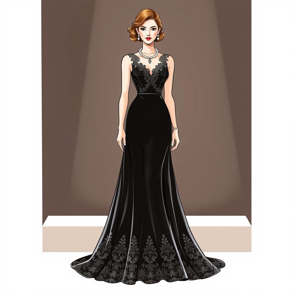 Model
Design an elegant evening gown fit for a classic Hollywood starlet. The gown features a timeless silhouette with a fitted bodice, a flowing A-line skirt, and delicate lace detailing. Accentuate it with a vintage pearl necklace and a structured clutch, embodying sophistication and grace, reminiscent of the golden era of fashion.