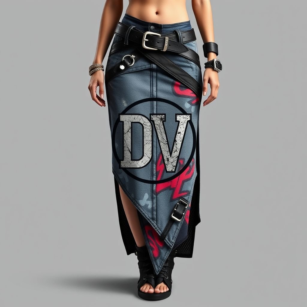 A asymmetrical maxi skirt, that has belt buckles and zippers connect to and around a logo. I want the logo to have a “DV” on it
Design a bold, asymmetrical maxi skirt that exudes streetwear vibes, featuring edgy belt buckles and zippers that intricately weave around a striking "DV" logo. Incorporate a mix of textured fabrics like denim and mesh, with a graffiti-inspired pattern, to create a unique, urban aesthetic that stands out in any crowd.