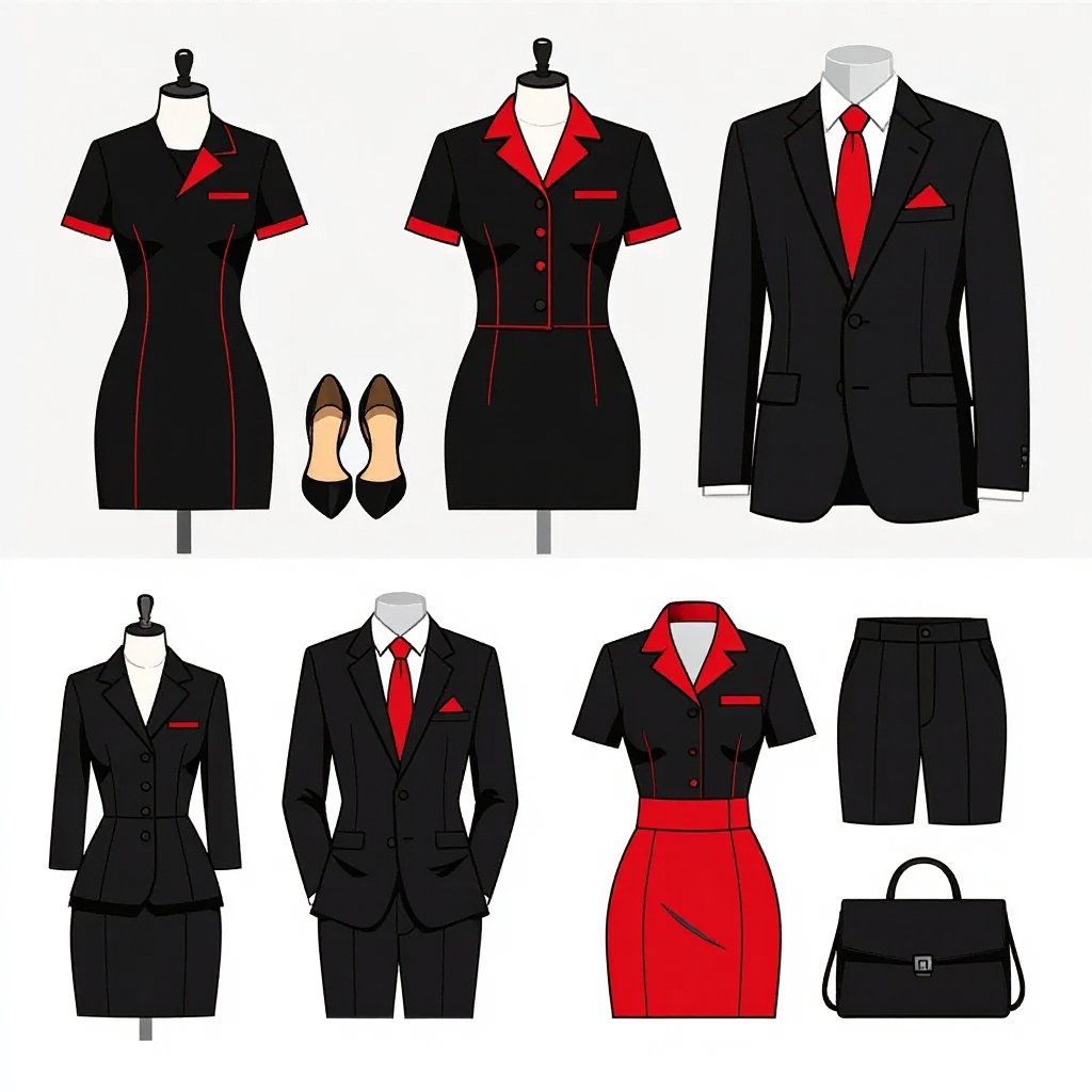 Design creative original staff uniforms for both men and woman with the kyalami logo on it in red and black in different styles
Design creative original staff uniforms with the Kyalami logo in red and black. Women's uniforms could feature a black cotton sheath dress with a red trim, or a black silk blouse and trousers. Men's uniforms could include a black wool blazer with a red pocket square, or a black linen shirt and chinos.