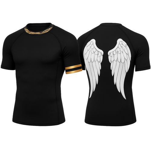 Black base compression fit short sleeve rash guard with angel wings in the back 

There’s a character from the video game super mash bros named pit. I would like his gold father headband to be just under the collar of the rash guard. Lastly in pits wrist he has 2 gold bracelets. I’d like to put those on the left sleeve of the rash guard 