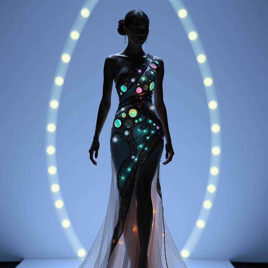 dress with innovative materials
Design a striking evening gown crafted from luminescent bio-luminescent fabric that changes color with mood. The silhouette is sleek and futuristic, featuring holographic accents and asymmetrical draping. Incorporate sustainable elements like recycled lace overlays and solar-powered LED embellishments that softly illuminate the garment, creating an ethereal, otherworldly presence on the runway.