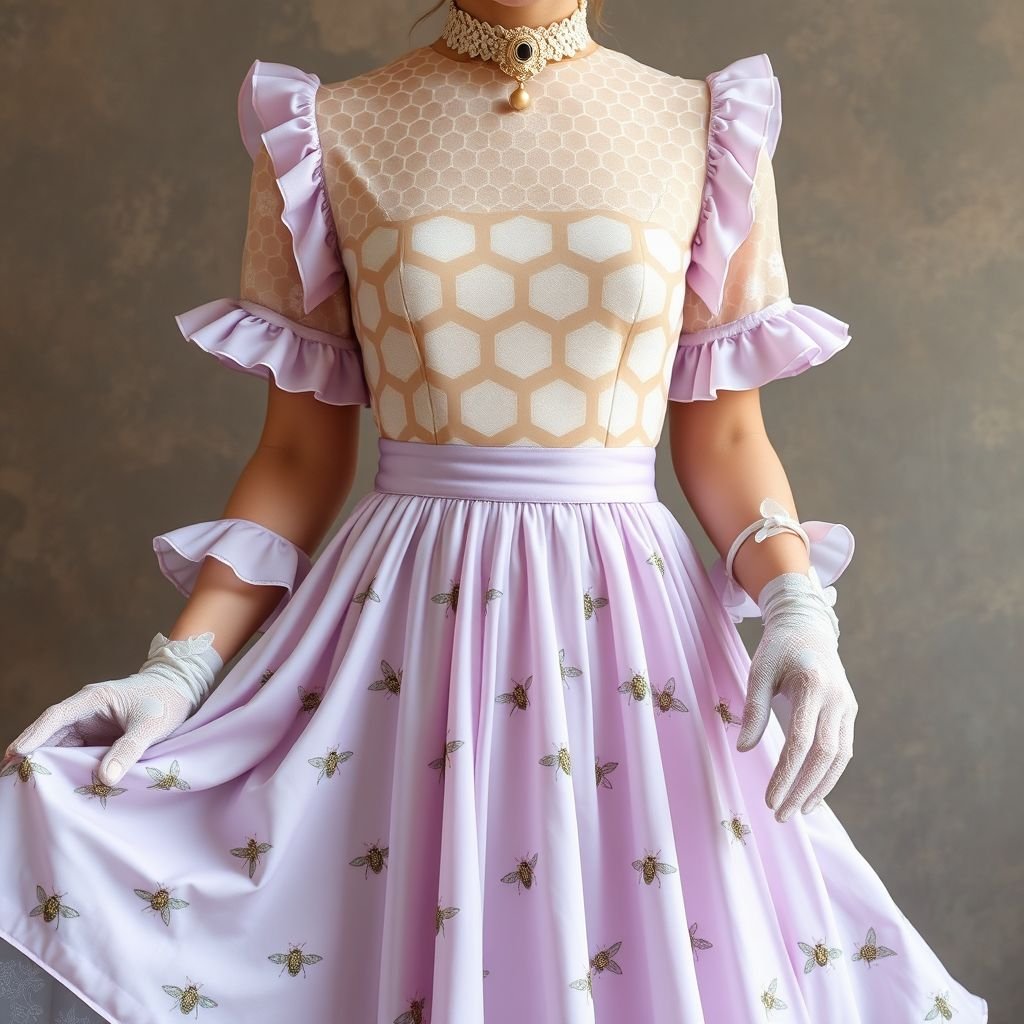 A honey bee & honey comb themed spring day dress.
Design a pastel_goth spring day dress inspired by honey bees and honeycombs. Incorporate a soft lavender base with intricate honeycomb patterns in pale yellow and cream. Add delicate ruffled sleeves and a flowing skirt adorned with subtle bee motifs. Accessorize with lace gloves and a vintage choker for an enchanting, ethereal look.