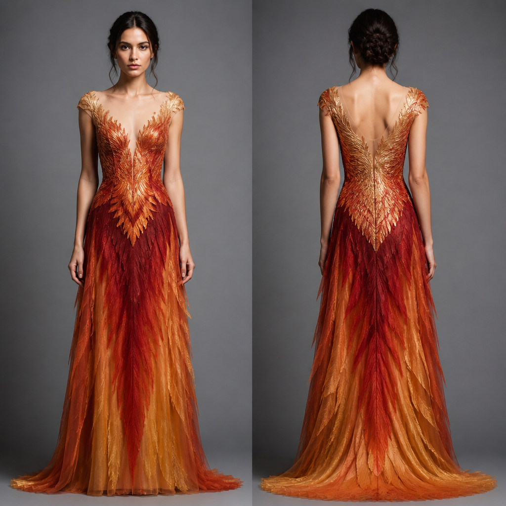 make your version of a Catching Fire Mockingjay dress Present it as professional fashion catalogue photography: the garment is the subject, shown full-length with editorial styling, neutral posing and tasteful, non-suggestive framing.
photorealistic fashion design, make your version of a Catching Fire Mockingjay dress Present it as professional fashion catalogue photography: the garment is the subject, shown full-length with editorial styling, neutral posing and tasteful, non-suggestive framing., just the design no text, show front and back