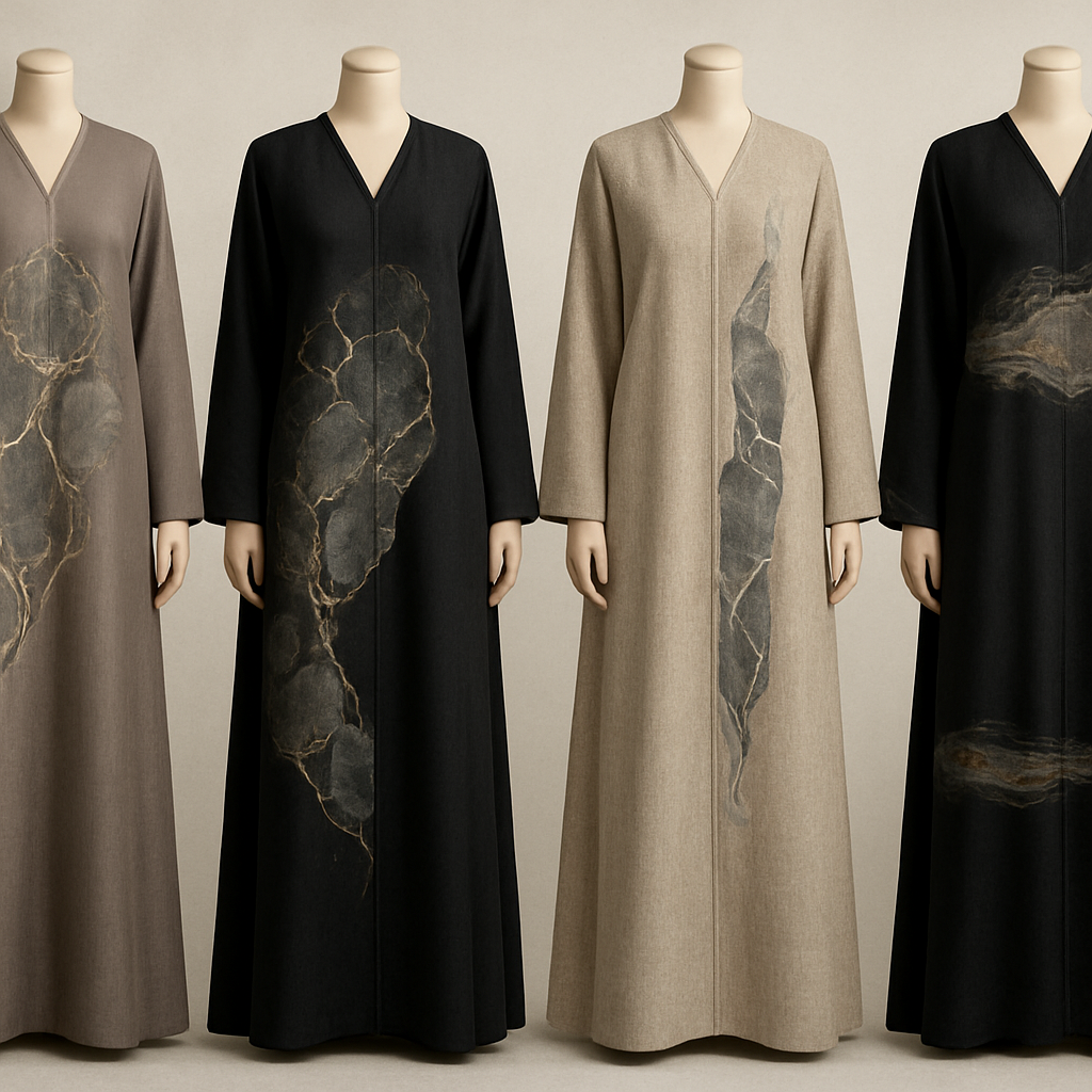 Create a modest elegant abaya dress , the first of its kind, featuring a unique stone design that exudes a classy and sophisticated vibe. I'd like four designs, each showcasing different styles and fabrics. Incorporate high-end, unique chic stone designs to make them truly special. Add little sophisticated stone designs. Make 4 options

Create a modest elegant abaya dress , the first of its kind, featuring a unique stone design that exudes a classy and sophisticated vibe. I'd like four designs, each showcasing different styles and fabrics. Incorporate high-end, unique chic stone designs to make them truly special. Add little sophisticated stone designs. Make 4 options