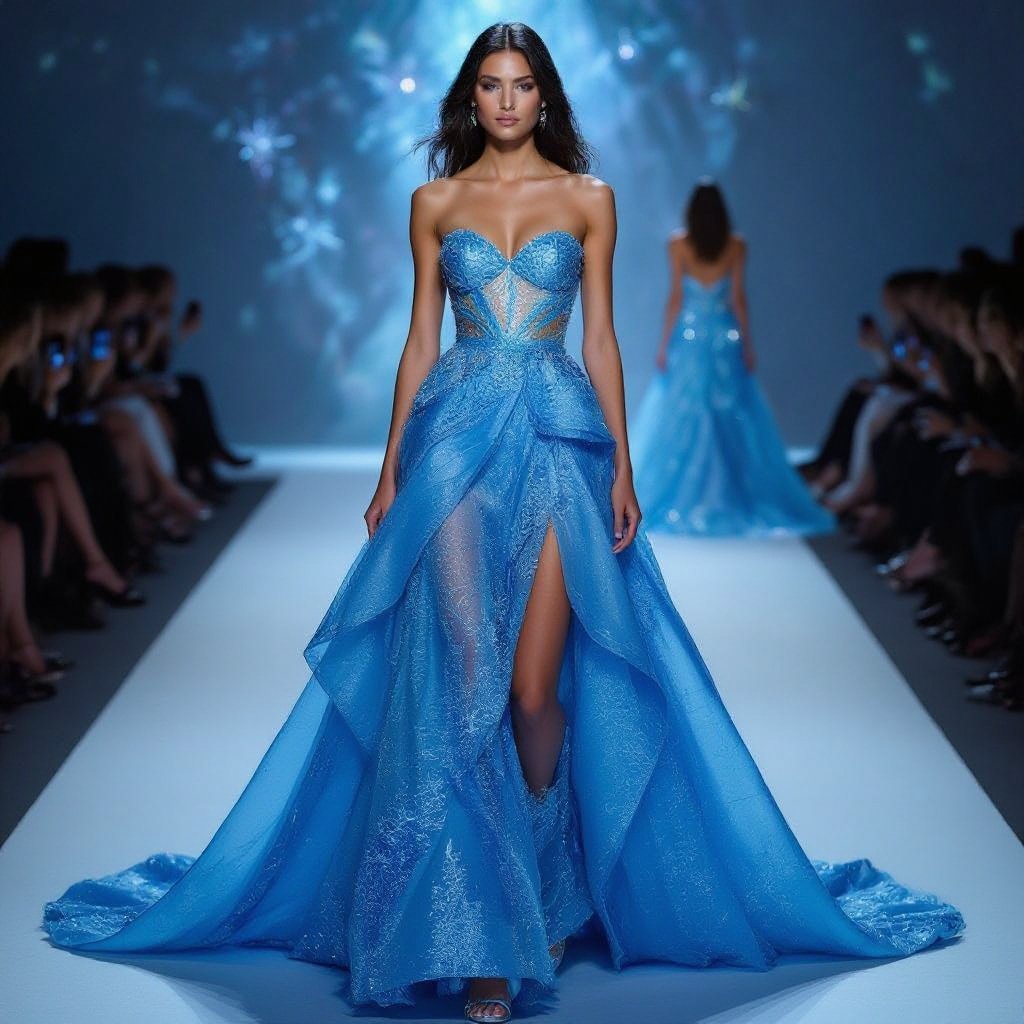 Blue prom dress
Imagine an enchanting azure prom dress, crafted from flowing silk layers that shimmer like moonlight. The gown features a sweetheart neckline adorned with delicate lace appliqués and a cascading asymmetrical hemline. Iridescent crystal embellishments trace the silhouette, while a dramatic train adds an ethereal touch, creating a timeless, fairy-tale elegance.