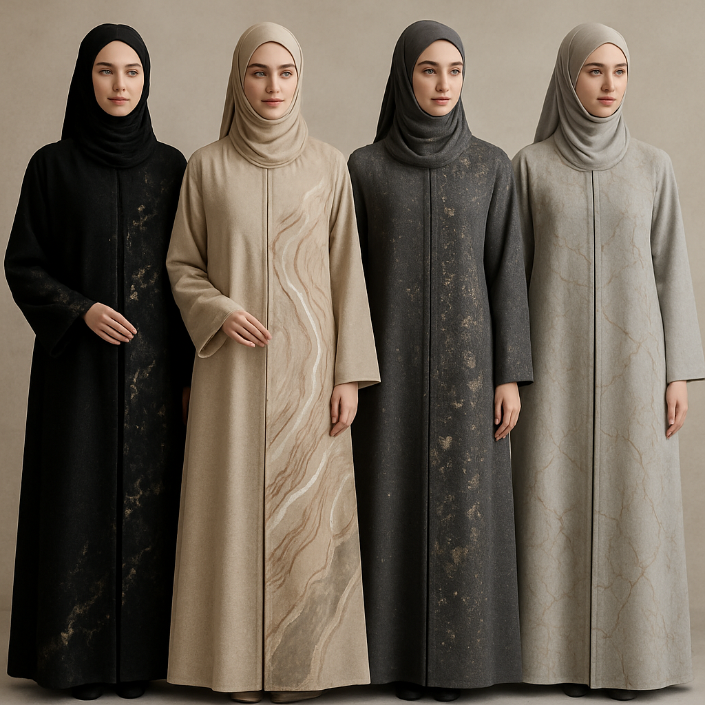Create a modest abaya, the first of its kind, featuring a unique stone design that exudes a classy and sophisticated vibe. I'd like four designs, each showcasing different styles and fabrics. Incorporate high-end, unique chic stone designs to make them truly special. Add little sophisticated stone designs.

Create a modest abaya, the first of its kind, featuring a unique stone design that exudes a classy and sophisticated vibe. I'd like four designs, each showcasing different styles and fabrics. Incorporate high-end, unique chic stone designs to make them truly special. Add little sophisticated stone designs.