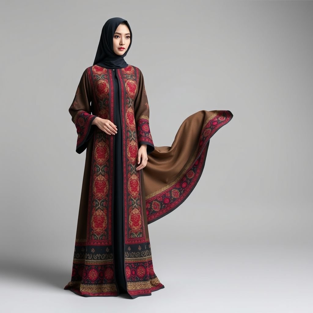 I want a unique abaya, which will have a traditional Azerbaijani ornament and so that it will be like a robe. only an abaya, without a human body
Design an elegant abaya inspired by Azerbaijani culture, flowing like a regal robe. The fabric features intricate, hand-stitched motifs of traditional carpets with rich jewel tones. Delicate, iridescent embroidery winds along the hem and sleeves, evoking nature's beauty. A high neckline complements the luxurious silhouette, effortlessly merging heritage with contemporary fashion.
