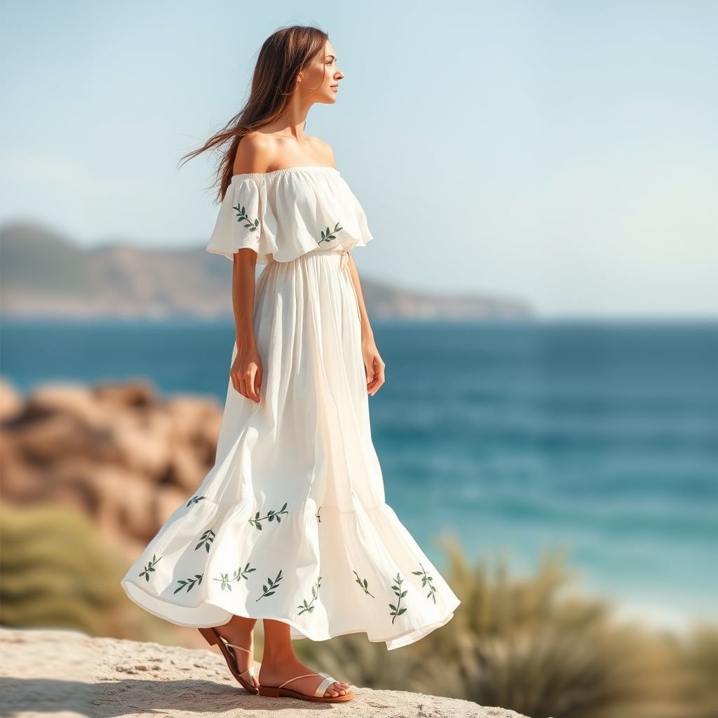 שמלה קיצית בסטייל קליל יווני
Design a whimsical summer dress inspired by Greek aesthetics, featuring flowing, lightweight fabrics in soft pastels. Incorporate delicate, hand-embroidered olive branches along the hem and off-the-shoulder sleeves. The silhouette should evoke a sense of movement, reminiscent of gentle Aegean breezes, perfect for beachside gatherings and sun-kissed adventures. Complete with strappy sandals.