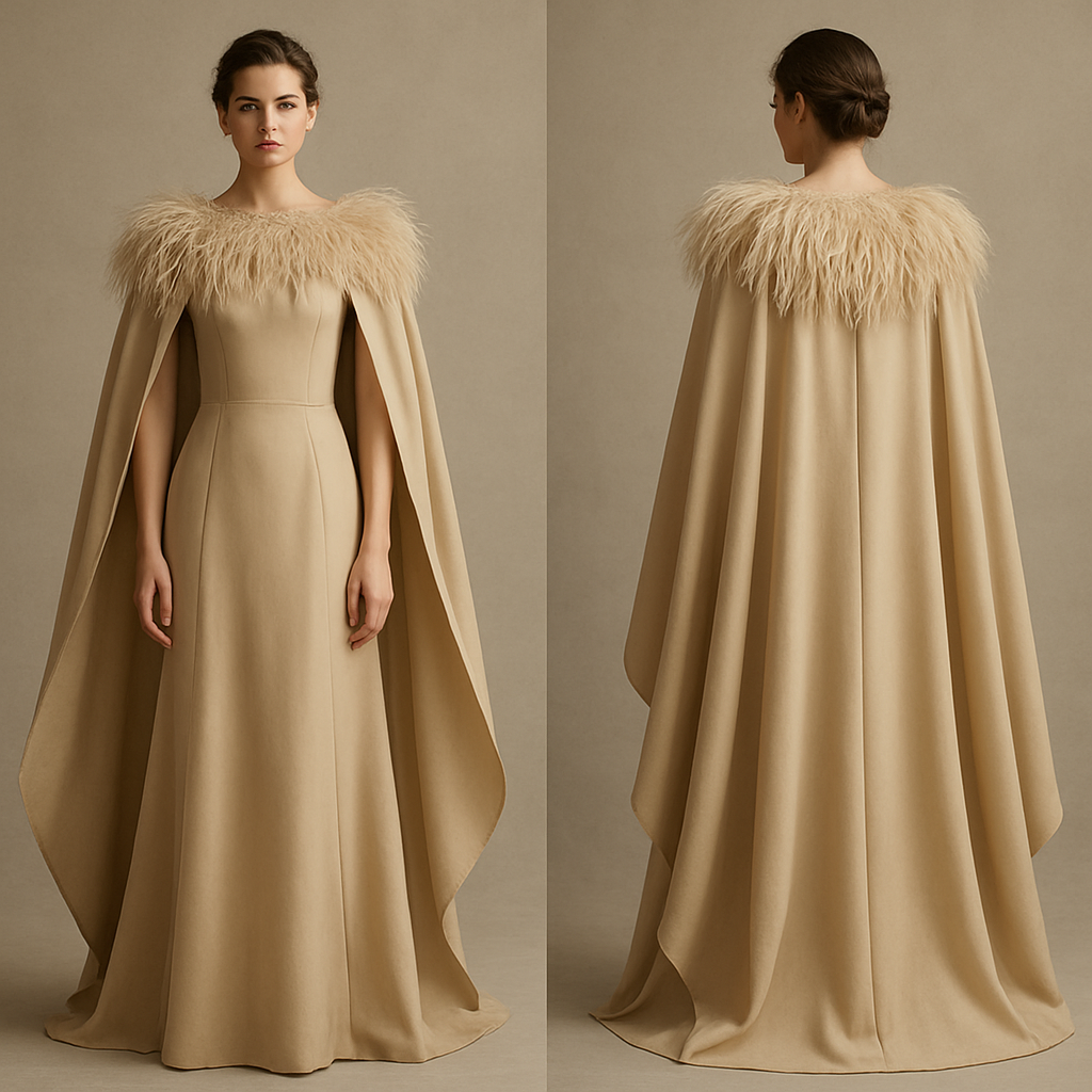 Beige dress with big cape. With a feather
Make it realistic
Beige dress with big cape. With a feather
Make it realistic , show front and back