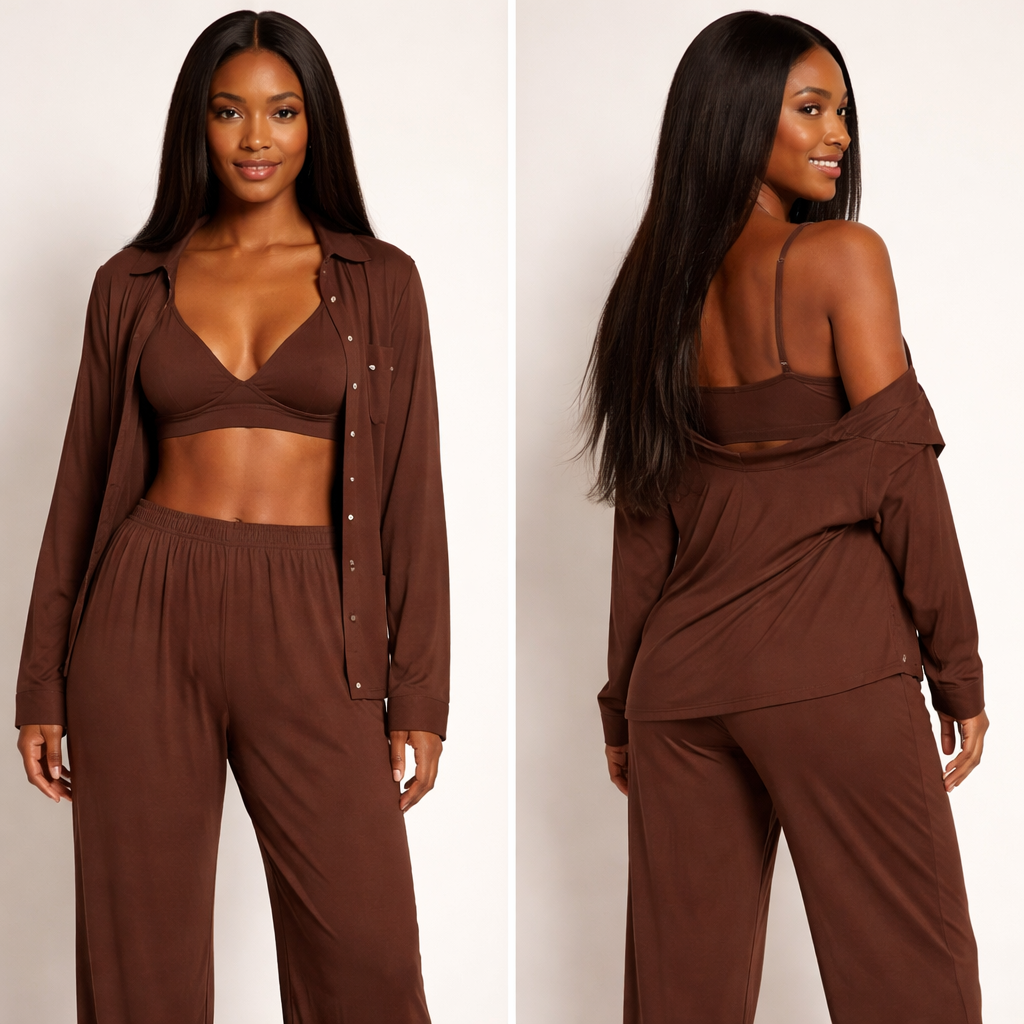 Design a pyjama on a black girl with straight hair. in the colour #6C4E3E. With a brallete, blouse and a pants without bow or strings on the pants like in a boyfriend pyjama design and in a modal/polymer/cotton fabric. Fully that colour so without white lines
Design a pyjama on a black girl with straight hair. in the colour #6C4E3E. With a brallete, blouse and a pants without bow or strings on the pants like in a boyfriend pyjama design and in a modal/polymer/cotton fabric. Fully that colour so without white lines, sleepwear style, show front and back